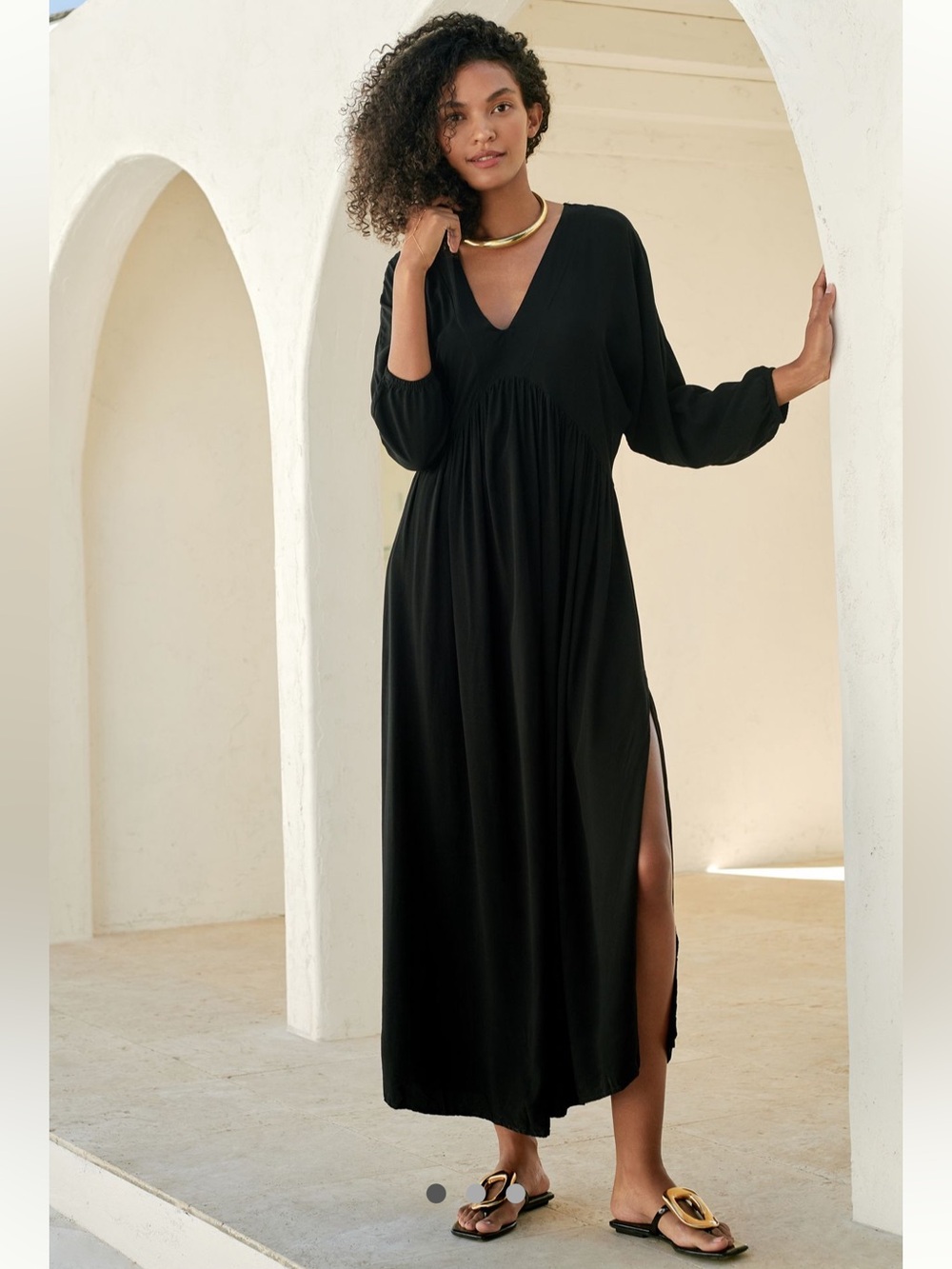 Anthropologie Malai Black V-Neck Long Sleeve Maxi Dress with Side Slits Size L - Picture 1 of 9
